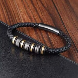Men’s Stainless Steel Beaded  Black Leather Bracelet 8”